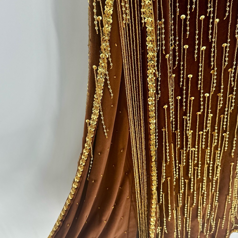 Brown Velvet Top & Shirt w/ Gold Fringe Beading 2 Piece Set Vintage Dance Outfit - Picture 5 of 8